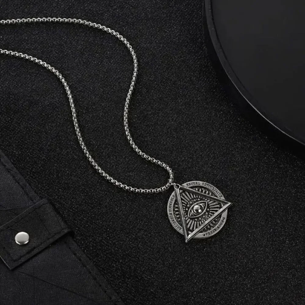 Stainless Steel Masonic Illuminati All Seeing Evil Eye Pendant Chain Necklace